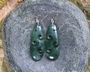 Jewellery: NZ Greenstone Small Roimata with Koru Earrings (AX840) Kawakawa Pounamu