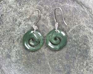 NZ Greenstone Koru Earrings (BA636) Hapopo Pounamu