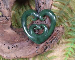 NZ Greenstone Large Koru Heart Pendant (AM540) Kawakawa Pounamu