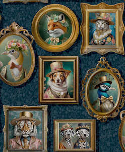 SAMPLE Regal Beasts - Whimsical Animal Wallpaper - Navy