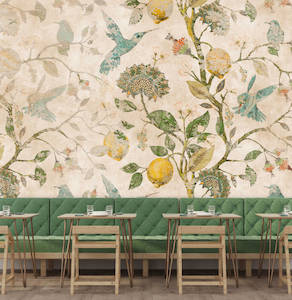 Bird Wallpaper: In The Lemon Tree - Custom Sized Wallpaper Mural (per m2) - Rose Beige