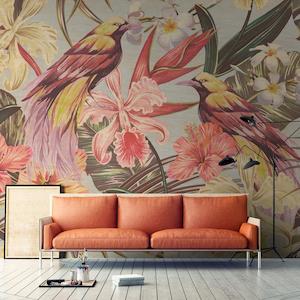 Vintage Exotic Bird - Custom Sized Wallpaper Mural (per m2) - Blue