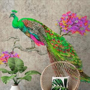 Vivid Peacock - Custom Sized Wallpaper Mural (per m2) - Green/Pink