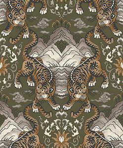 Damask Wallpaper: Tora - Chinese Tiger Wallpaper - Khaki