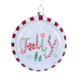 Glass Disc Ornament JOLLY with snow inside.