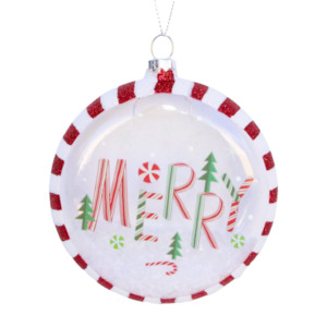 Glass Disc Ornament MERRY with snow inside