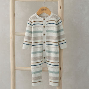 Baby wear: Mamas and Papas Blue & Oatmeal Stripe Ribbed Romper