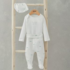 Mamas and Papas White Bodysuit, Whale Printed Pants & Beanie -3 Piece Set