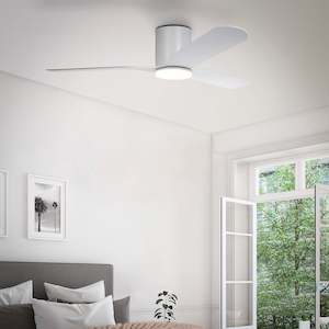 52" Iluka DC Ceiling Flush Fan With CCT LED Light in Matt White, Matt Black or Black/Wood