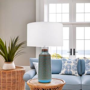 Table Lamp B22 in Teal Ceramic w/ White Linen Shade