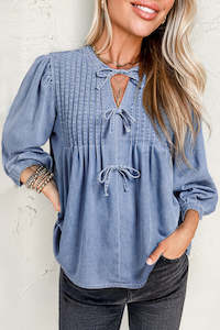 Womens Short Sleeve Tops: PRICKLE & POLLY - Denim Bow Top