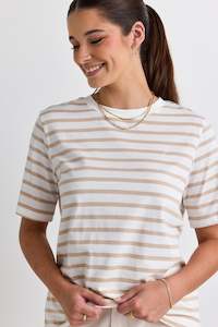 Womens T Shirts: REUNION - Binding Black White Stripe Boxy Fit Tee