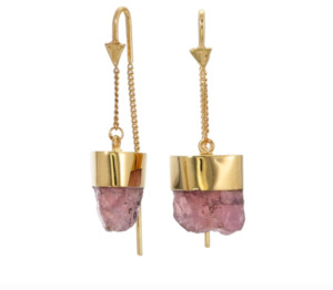 Tiger Frame - Rough Rose Quartz Crystal Pull Through Earrings - Gold