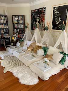 WHITE GOLD AND LEAFY TEEPEE SLUMBER PARTY HIRE - WELLINGTON