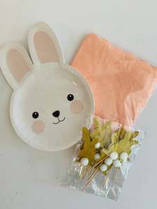 BUNNY THEMED PARTY PLATES NAPKINS AND CUPCAKE TOPPERS