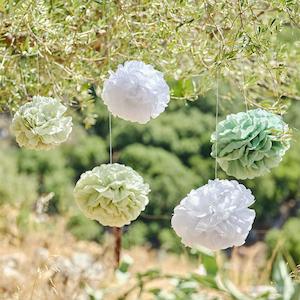 Sage & White Pom Pom Hanging Decorations 5pk