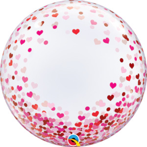 Clear bubble balloon with Red and Pink confetti hearts