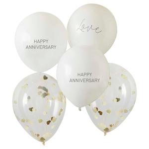 White and Gold Confetti Happy Anniversary Balloons 5pk