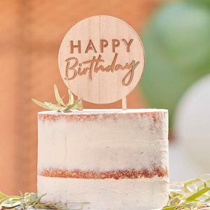 Wooden Round Happy Birthday Cake Topper