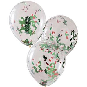 Christmas Holly And Berries Confetti Balloons 5pk