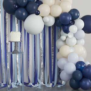 Blue, Cream & Silver Streamer and Balloon Arch Party Backdrop