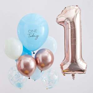 First Birthday Balloons - Blue and Rose Gold