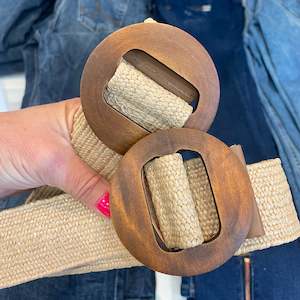 Belt020 Woven Belt Circle Wood Buckle Brown