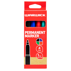 Warwick Marker Fine Tip Permanent Pack 4 Assorted