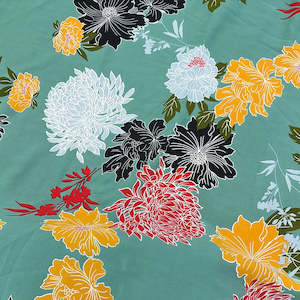 Feature Fabrics: Floral poly crepe, Mint, red, yellow & black, 100% poly