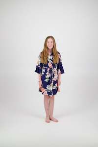 Amelia Floral Cotton Flower Girl Robe - Navy