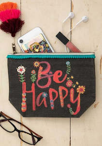 Clothing: Cosmetic Pouch Canvas- Be Happy Black