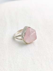 Rose Quartz Sterling Silver Rough Crystal Ring - Size 9