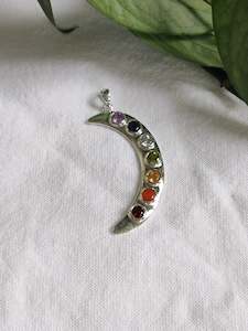 Silver Rainbow Chakra Crescent Moon Pendant