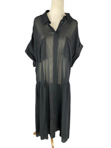 Short sleeve dress: Moochi black sheer button down trekker midi dress | size 14