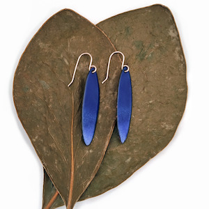 Homewares: Enamelled Skinny Leaf Earrings Pool Blue