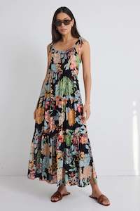 Among The Brave Nimbus Tropical Black Strappy Tiered Maxi Dress