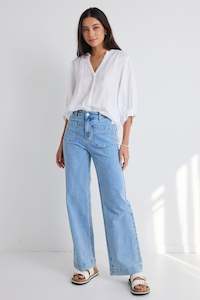 Vogue Denim: AMONG THE BRAVE ZOEY LIGHT BLUE HIGH RISE WIDE LEG POCKET JEAN