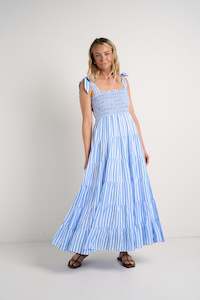 Ivy + Jack Isabella Blue White Stripe Strappy Tiered Maxi Dress