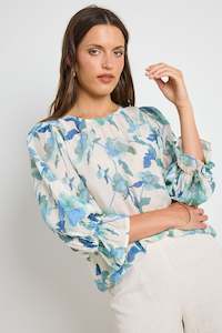 Ivy + Jack Candid Blue Cream Floral Frill Sleeve Neck Ss Top