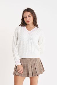 Huffer V-neck Cable Knit Sweater - Chalk