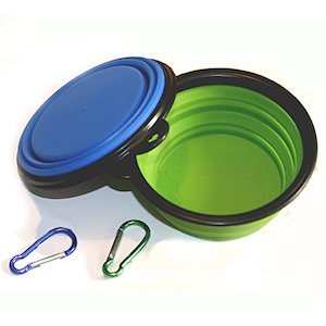 Internet only: COMSUN 2-Pack Collapsible Dog Bowls (BPA Free, Food Grade Silicone), Foldable Cup Dishes for Pet Cat Food and Water - Blue & Green, plus Carabiner.