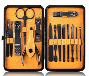 Internet only: Keiby Citom Professional Stainless Steel Nail Clipper Travel & Grooming Kit Nail Tools Manicure & Pedicure Set of 15pcs with Luxurious Case (Black/Yellow)