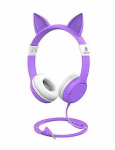 Internet only: iClever Kids Headphones with Microphone (85/94dB Volume Limiter) - Cat Ear Headset for Children Toddler, Food Grade Silicone, Lightweight, 3.5mm Jack Wired Headphones for iPad/Travel, Purple