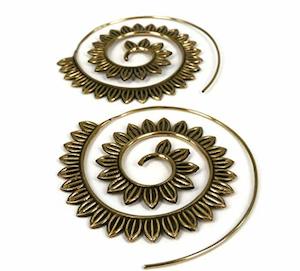 Large Vintage Bohemian Hoop Earrings with Tribal Circles, Brass Spiral and Retro…