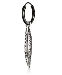 Feather Drop Dangle Earrings (Black Hoops) for Men - Gothic Jewelry