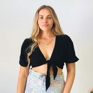 Linen Blend Tie Front Crop Top (M)