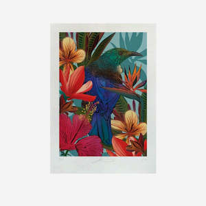 Print - Perched Tūī & Hibiscus