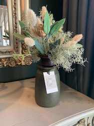 Homewares: Flower Arrangement with Green Wooden Vase - Tall Small