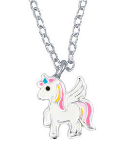 Childrens Jewellery: Childs Sterling Silver Yellow And Pink Unicorn Pendant And Chan