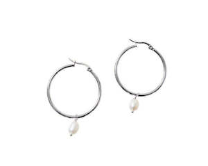 Earrings: Stainless Steel Hoop With White Freshwater Pearl Drop